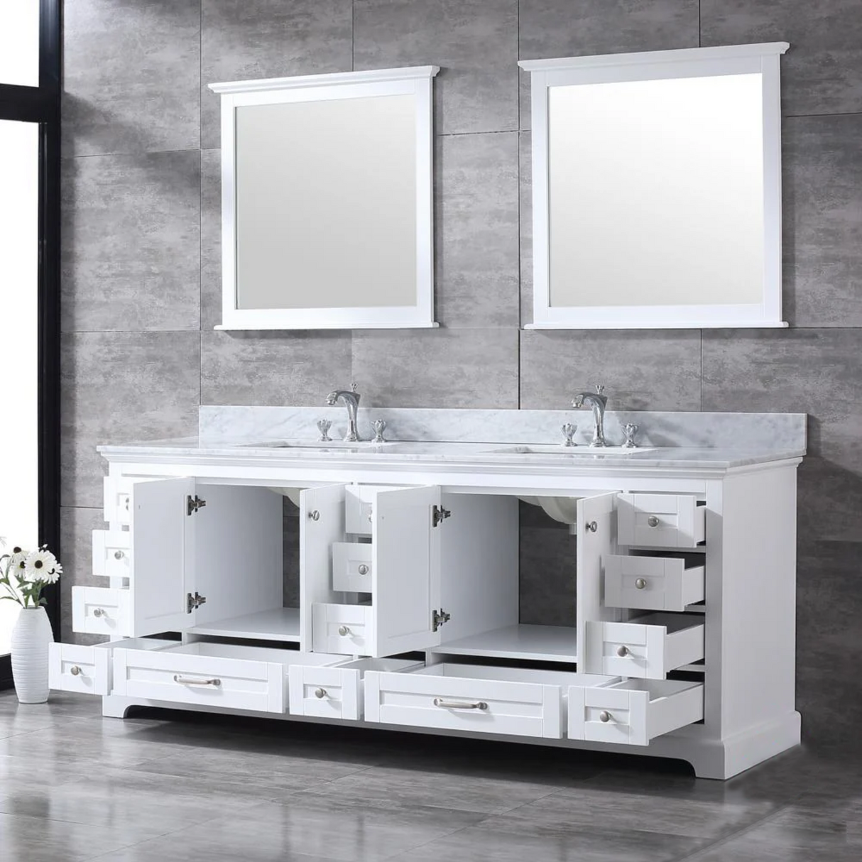 Dukes 84 In. Freestanding White Bathroom Vanity With Double Undermount Ceramic Sink, White Carrara Marble Top