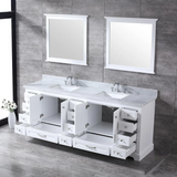 Dukes 84 In. Freestanding White Bathroom Vanity With Double Undermount Ceramic Sink, White Carrara Marble Top