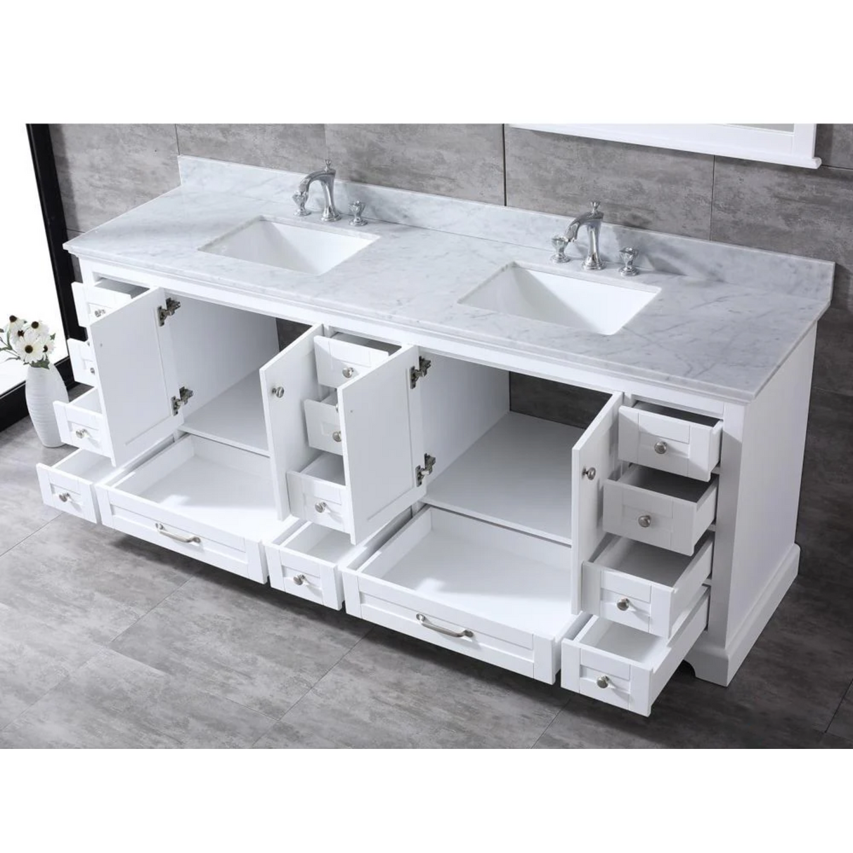 Dukes 84 In. Freestanding White Bathroom Vanity With Double Undermount Ceramic Sink, White Carrara Marble Top