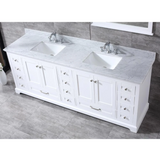 Dukes 84 In. Freestanding White Bathroom Vanity With Double Undermount Ceramic Sink, White Carrara Marble Top