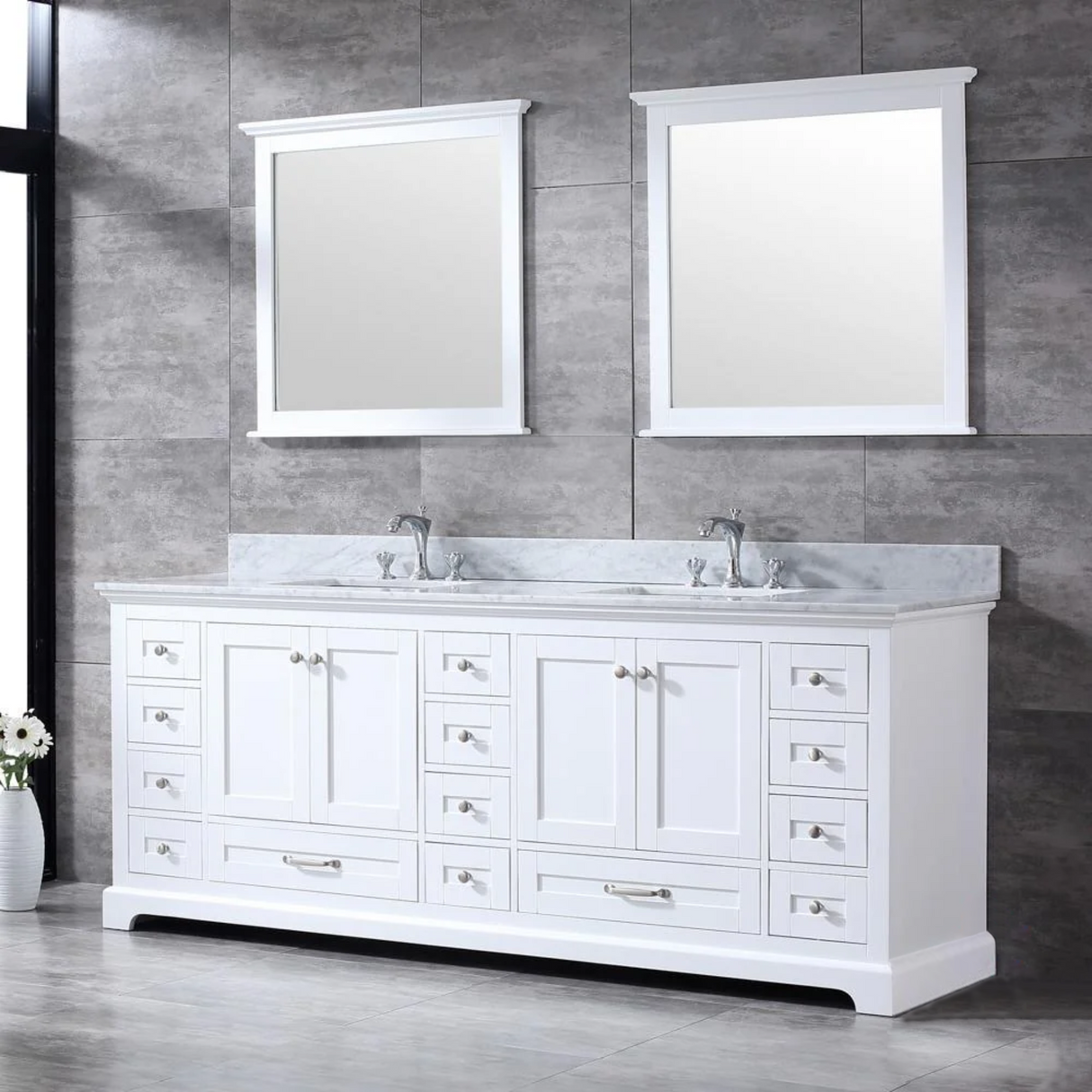 Dukes 84 In. Freestanding White Bathroom Vanity With Double Undermount Ceramic Sink, White Carrara Marble Top