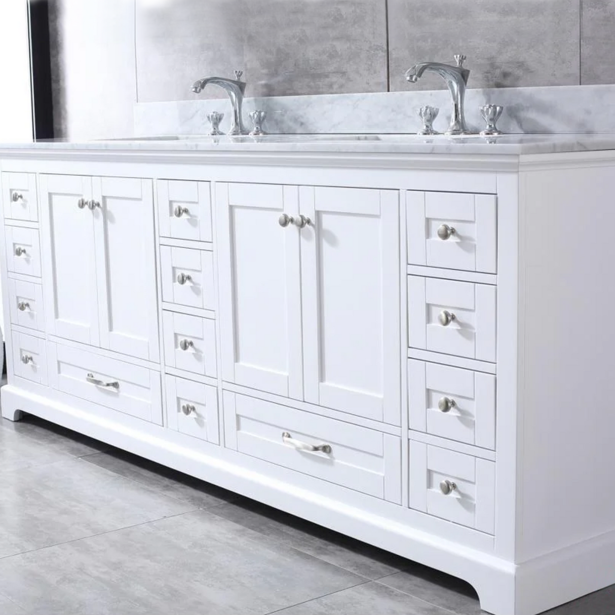 Dukes 84 In. Freestanding White Bathroom Vanity With Double Undermount Ceramic Sink, White Carrara Marble Top