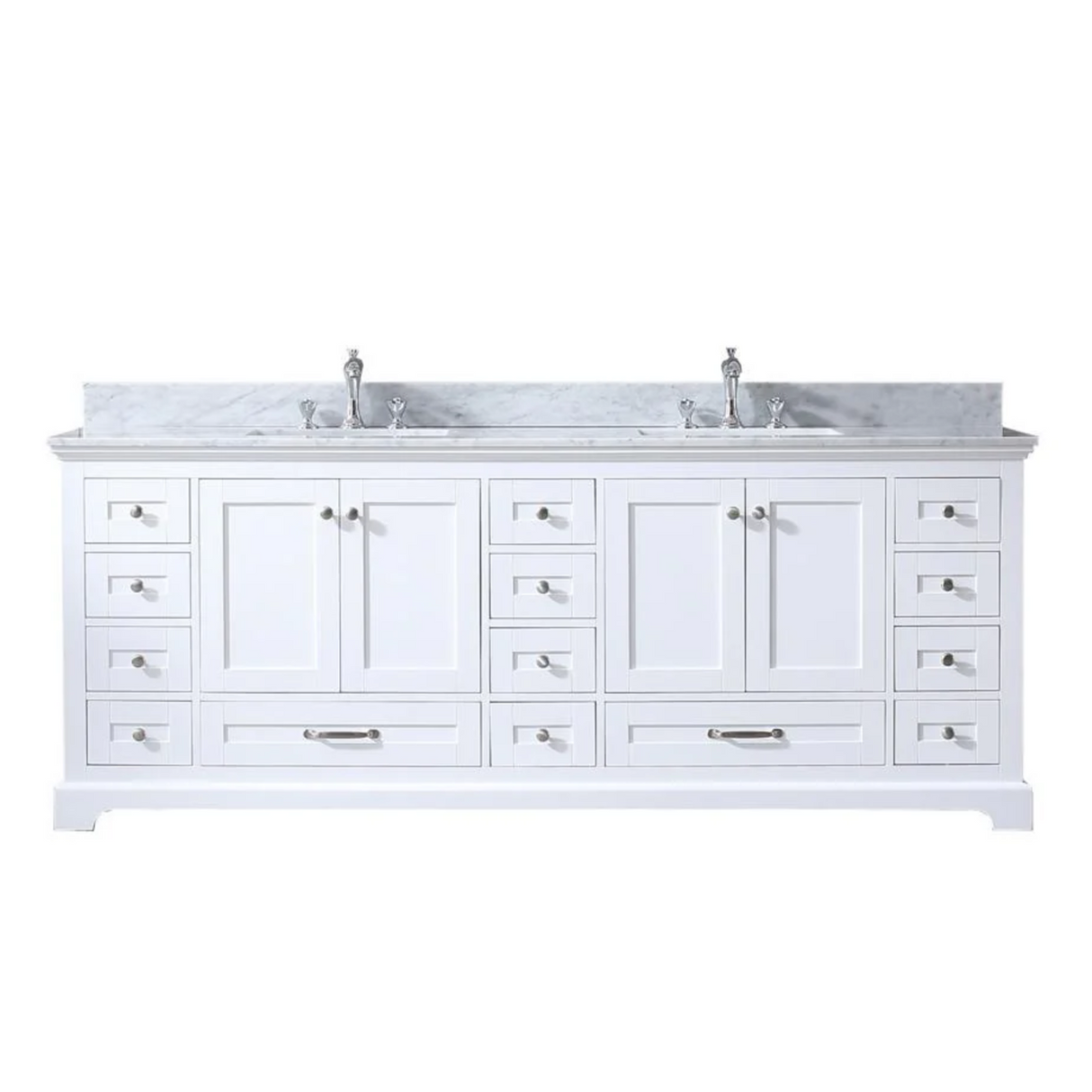 Dukes 84 In. Freestanding White Bathroom Vanity With Double Undermount Ceramic Sink, White Carrara Marble Top