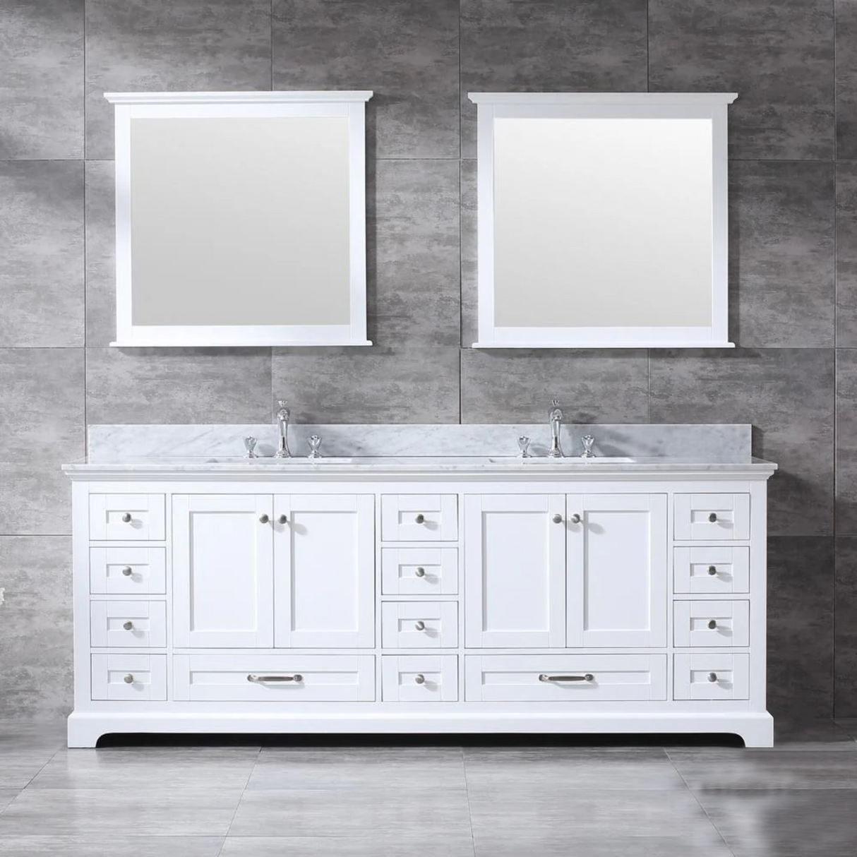 Dukes 84 In. Freestanding White Bathroom Vanity With Double Undermount Ceramic Sink, White Carrara Marble Top & 34 In. Mirrors