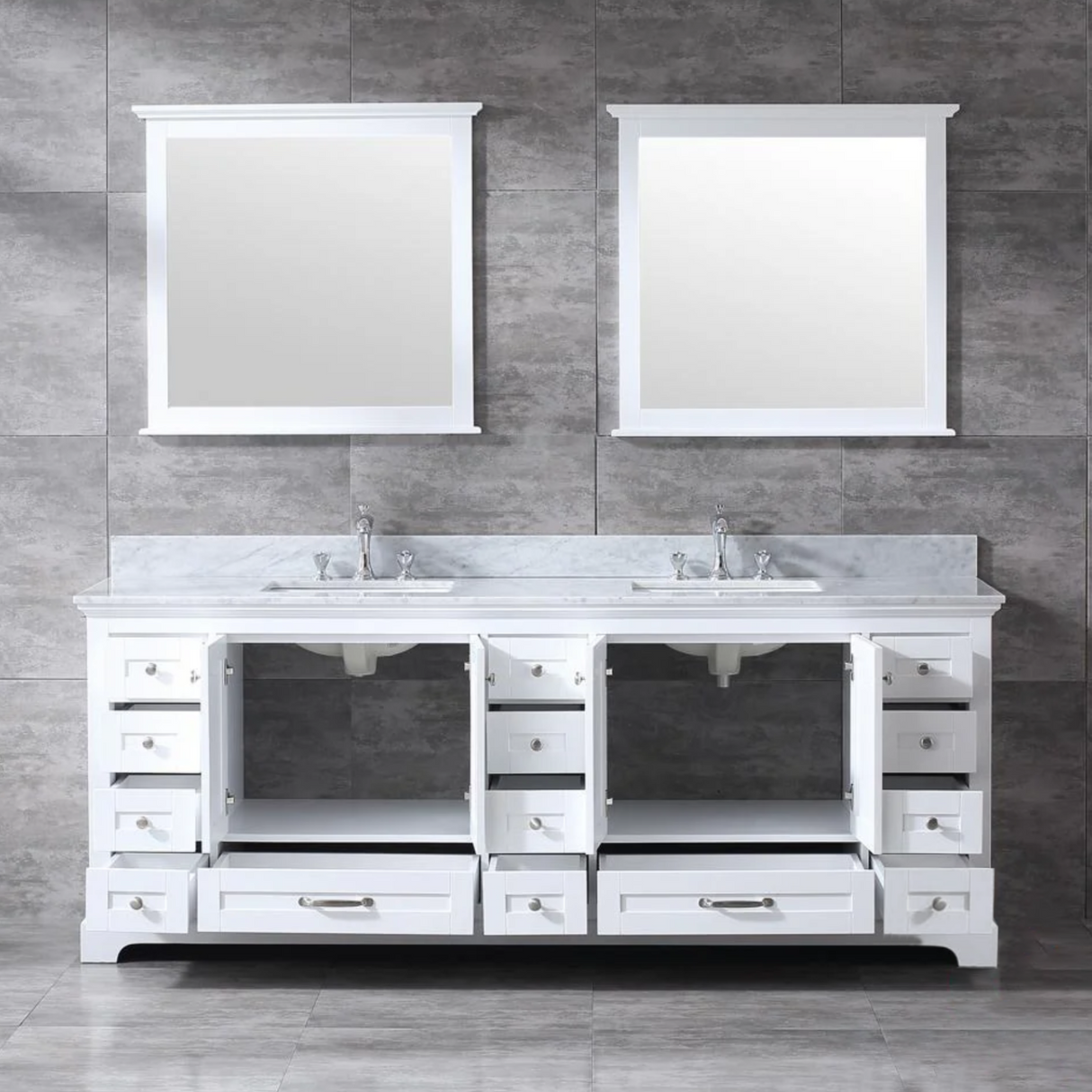 Dukes 84 In. Freestanding White Bathroom Vanity With Double Undermount Ceramic Sink, White Carrara Marble Top & 34 In. Mirrors