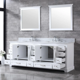 Dukes 84 In. Freestanding White Bathroom Vanity With Double Undermount Ceramic Sink, White Carrara Marble Top & 34 In. Mirrors