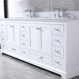 Dukes 84 In. Freestanding White Bathroom Vanity With Double Undermount Ceramic Sink, White Carrara Marble Top & 34 In. Mirrors