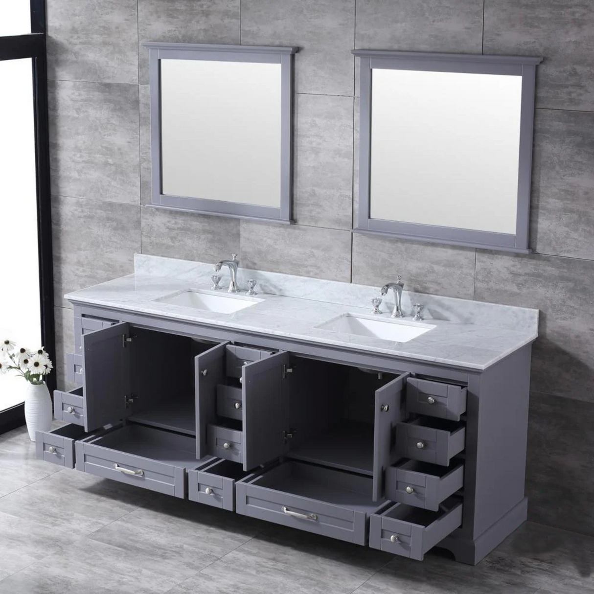 Dukes 84 In. Freestanding Dark Grey Bathroom Vanity With Double Undermount Ceramic Sink, White Carrara Marble Top