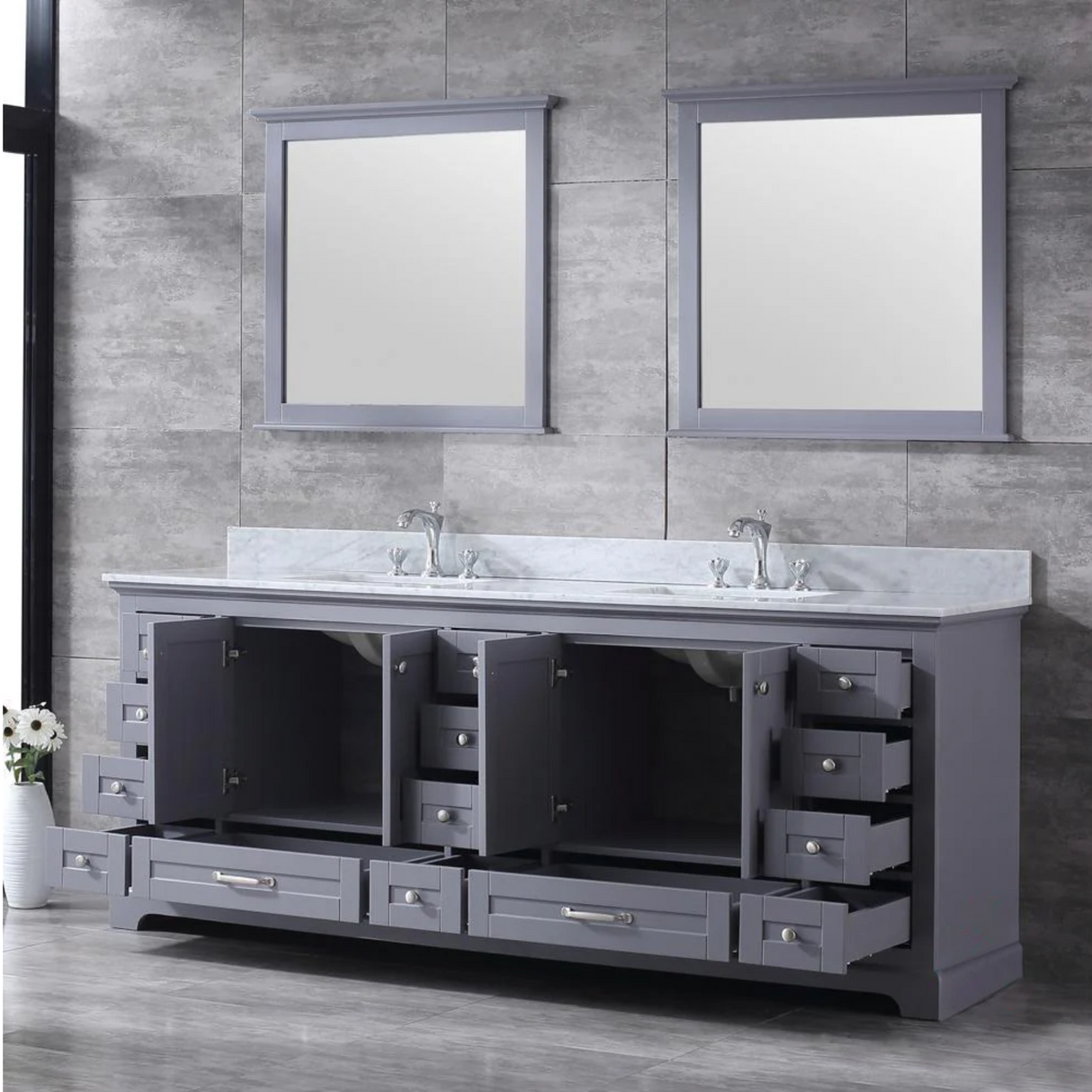 Dukes 84 In. Freestanding Dark Grey Bathroom Vanity With Double Undermount Ceramic Sink, White Carrara Marble Top