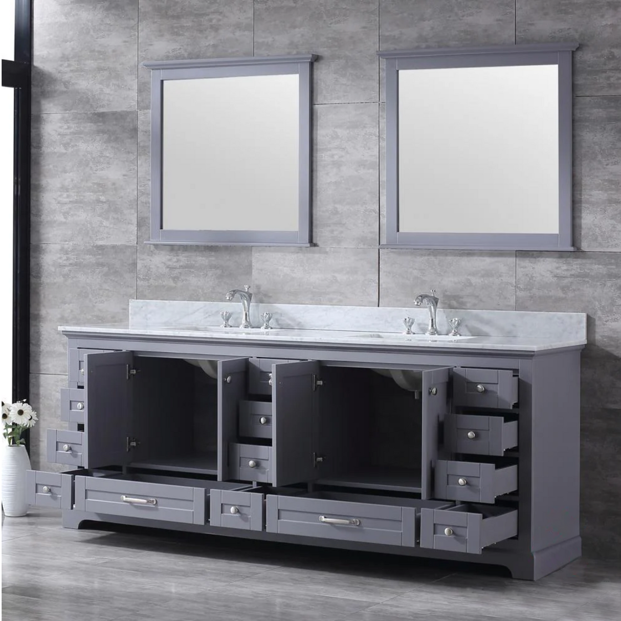 Dukes Dark Grey Freestanding Bathroom Vanity with White Carrara Marble Top, White Square Sink