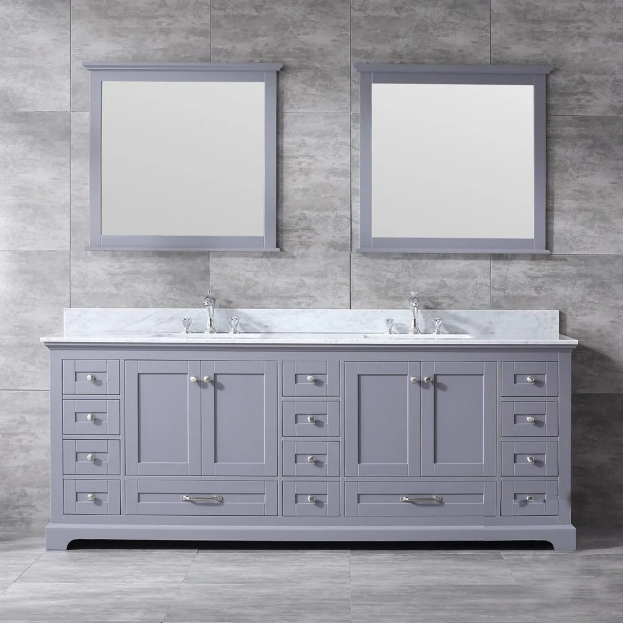 Dukes 84 In. Freestanding Dark Grey Bathroom Vanity With Double Undermount Ceramic Sink, White Carrara Marble Top