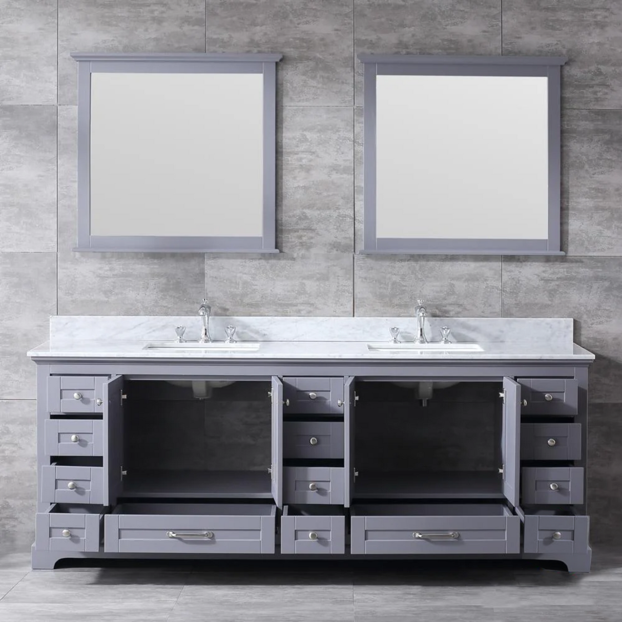 Dukes 84 In. Freestanding Dark Grey Bathroom Vanity With Double Undermount Ceramic Sink, White Carrara Marble Top