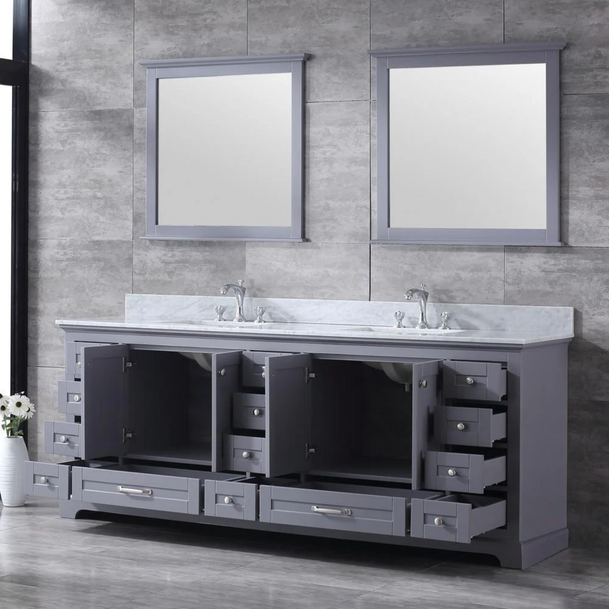 Dukes Dark Grey Freestanding Bathroom Vanity with White Carrara Marble Top, White Square Sink