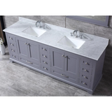 Dukes 84 In. Freestanding Dark Grey Bathroom Vanity With Double Undermount Ceramic Sink, White Carrara Marble Top