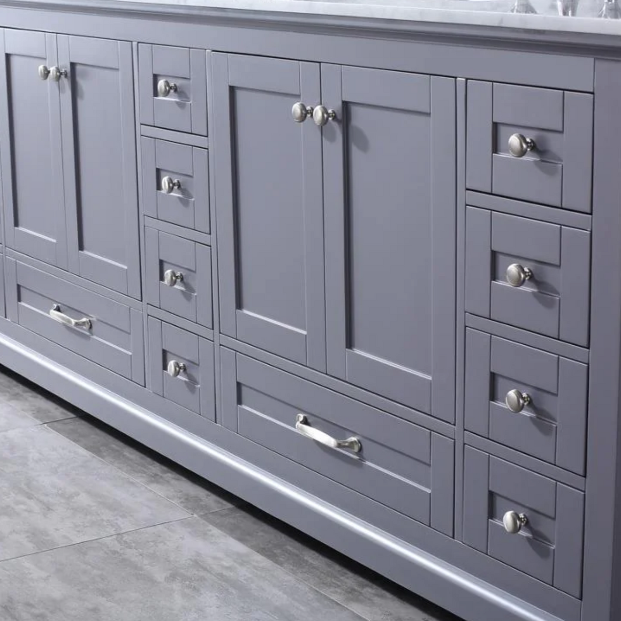 Dukes Dark Grey Freestanding Bathroom Vanity with White Carrara Marble Top, White Square Sink