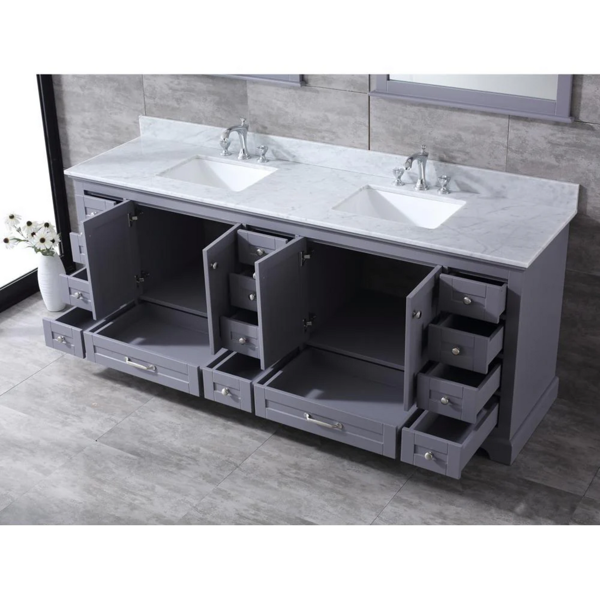 Dukes Dark Grey Freestanding Bathroom Vanity with White Carrara Marble Top, White Square Sink
