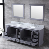 Dukes 84 In. Freestanding Dark Grey Bathroom Vanity With Double Undermount Ceramic Sink, White Carrara Marble Top & 34 In. Mirrors