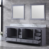 Dukes 84 In. Freestanding Dark Grey Bathroom Vanity With Double Undermount Ceramic Sink, White Carrara Marble Top & 34 In. Mirrors