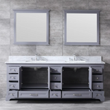 Dukes 84 In. Freestanding Dark Grey Bathroom Vanity With Double Undermount Ceramic Sink, White Carrara Marble Top & 34 In. Mirrors