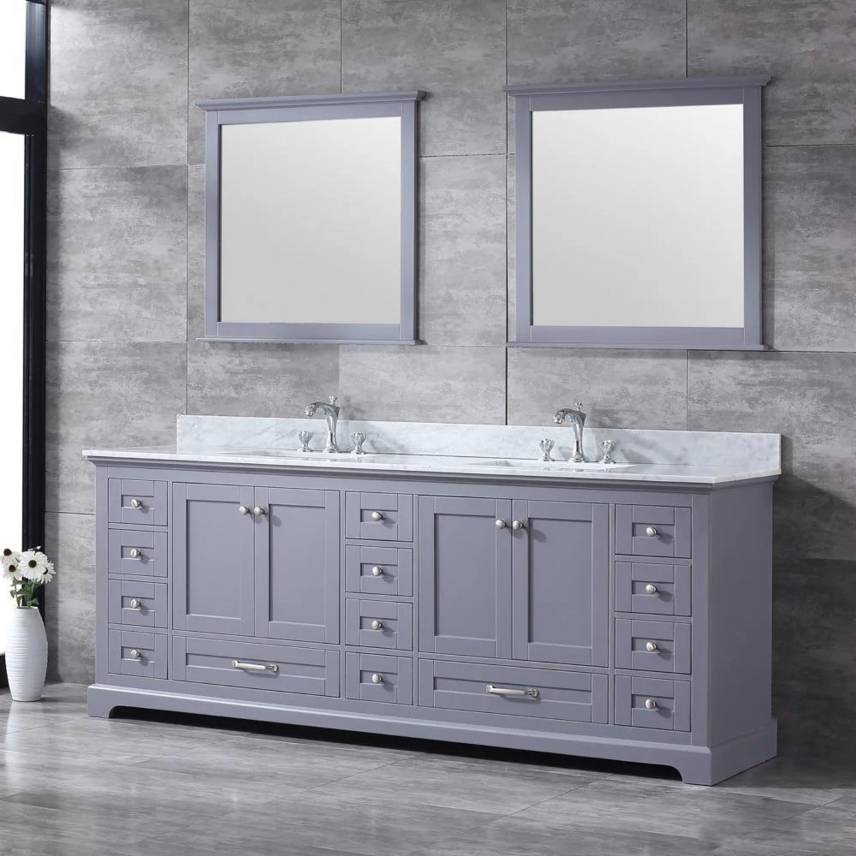 Dukes 84 In. Freestanding Dark Grey Bathroom Vanity With Double Undermount Ceramic Sink, White Carrara Marble Top & 34 In. Mirrors