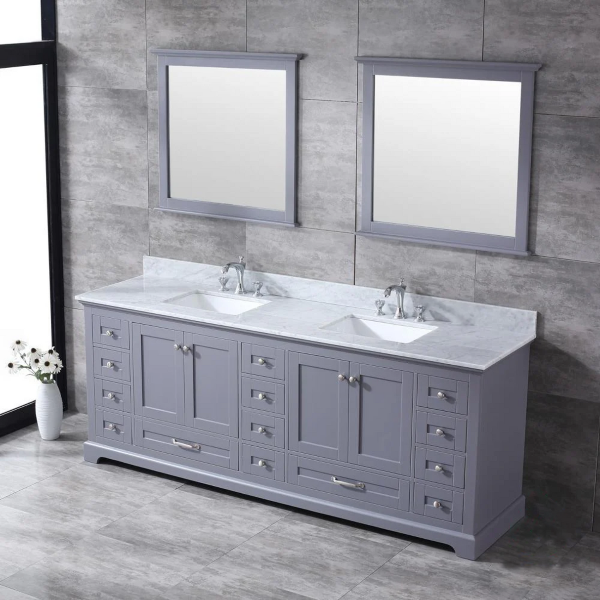 Dukes 84 In. Freestanding Dark Grey Bathroom Vanity With Double Undermount Ceramic Sink, White Carrara Marble Top & 34 In. Mirrors