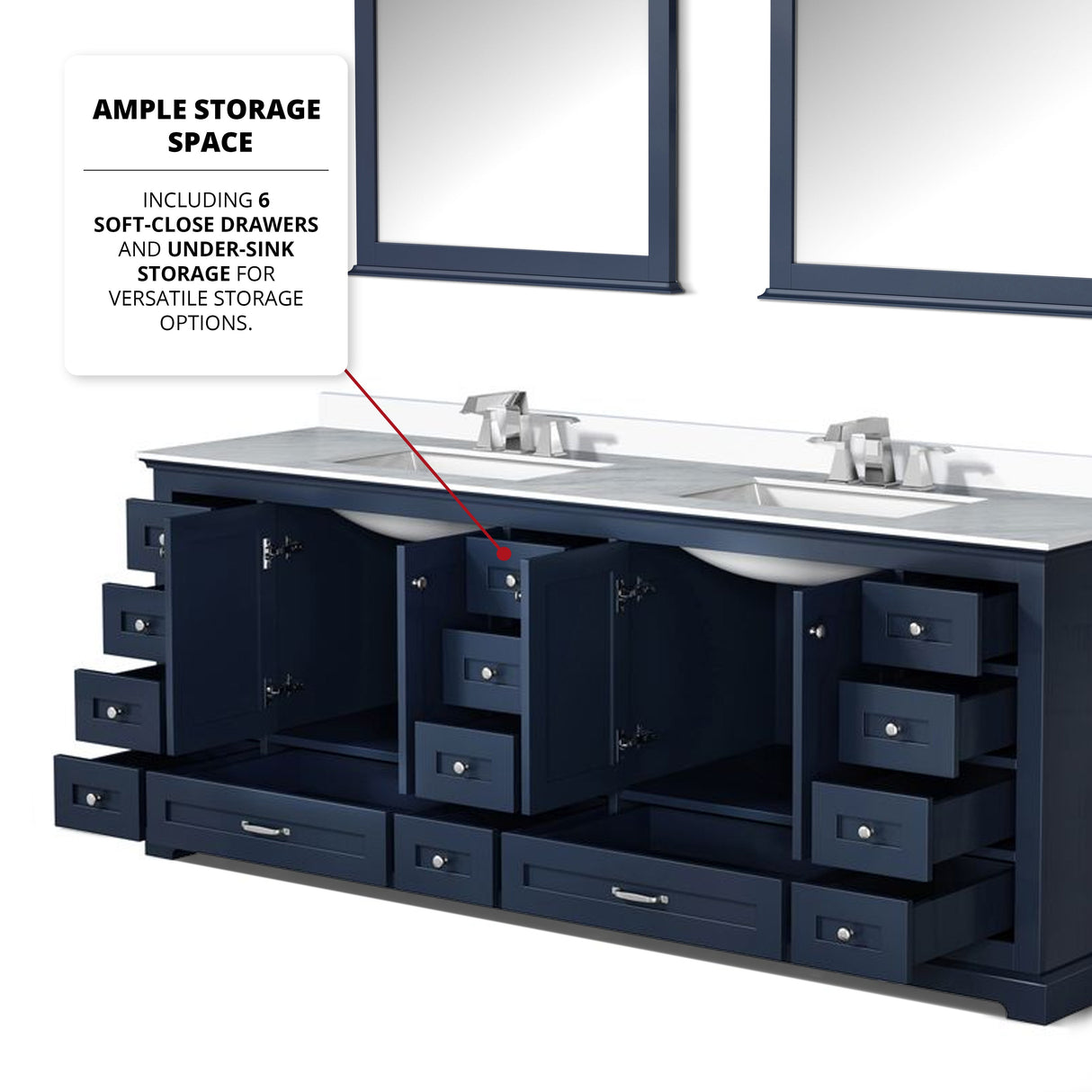 Dukes Navy Blue Freestanding Bathroom Vanity with White Quartz Top, White Square Sinks