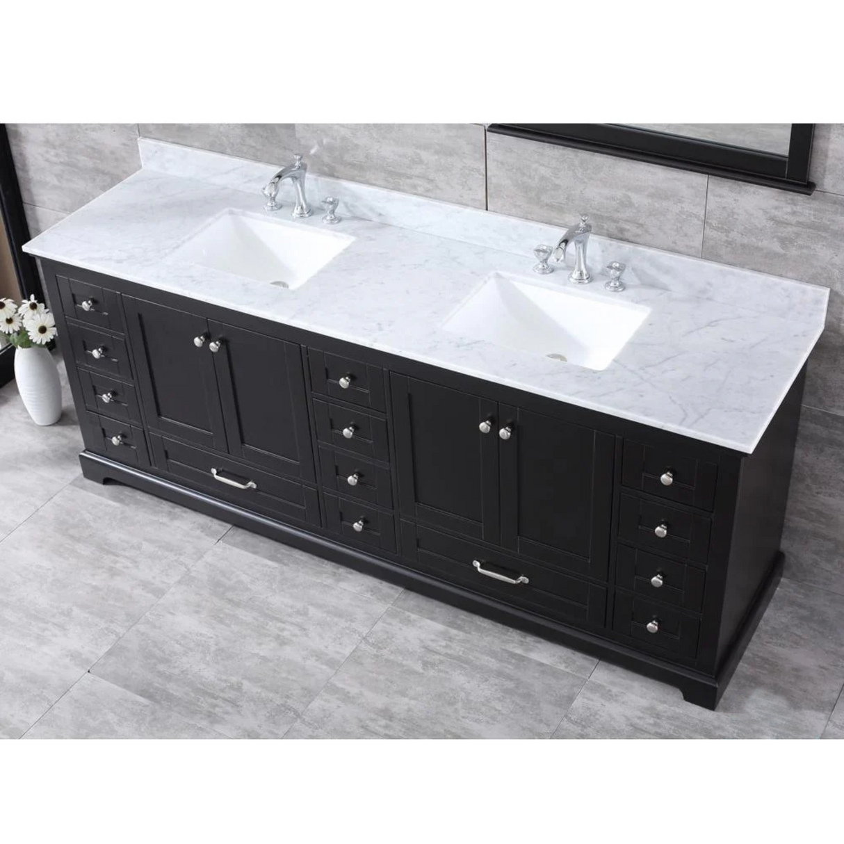 Dukes 84 In. Freestanding Espresso Bathroom Vanity With Double Undermount Ceramic Sink, White Carrara Marble Top