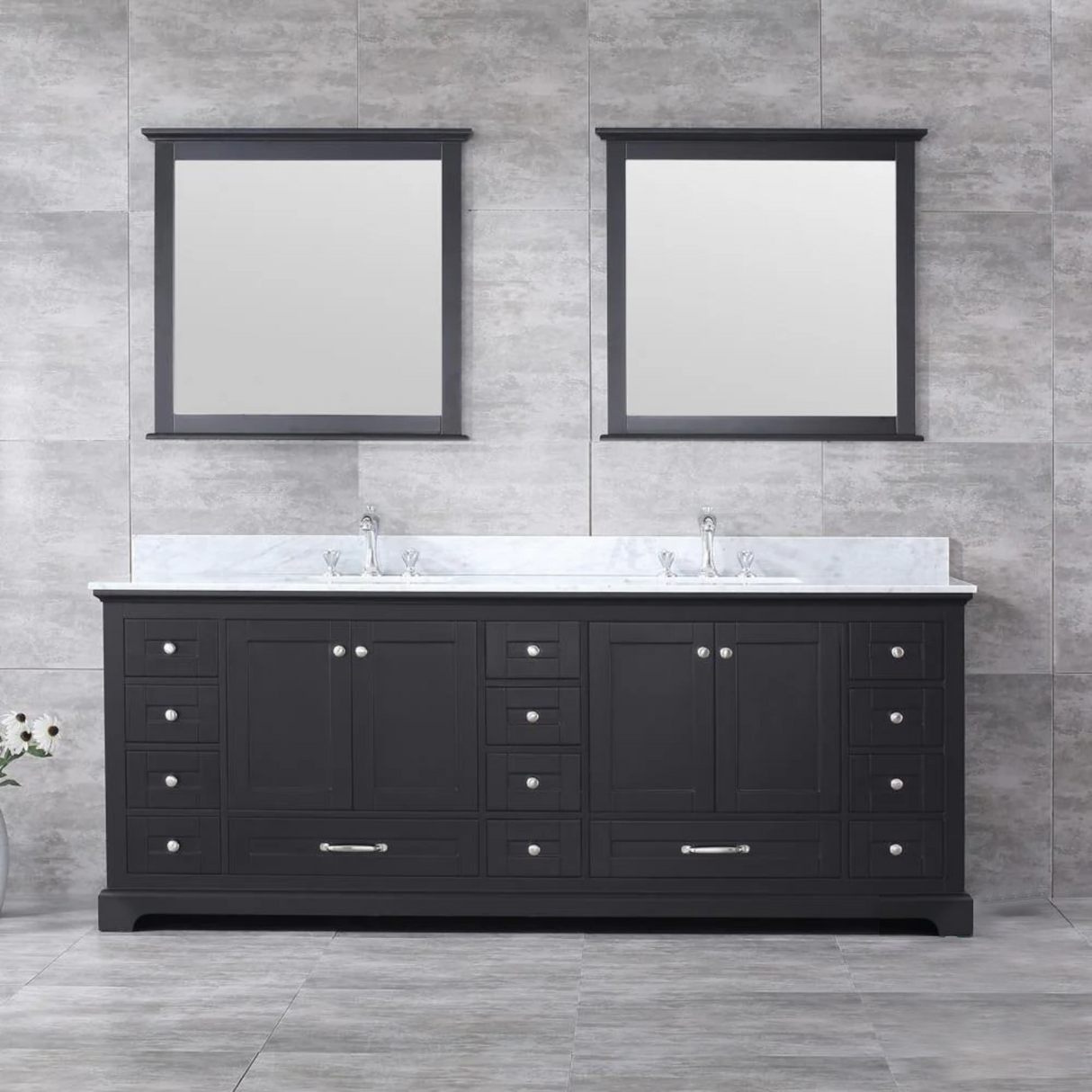 Dukes 84 In. Freestanding Espresso Bathroom Vanity With Double Undermount Ceramic Sink, White Carrara Marble Top & 34 In. Mirrors