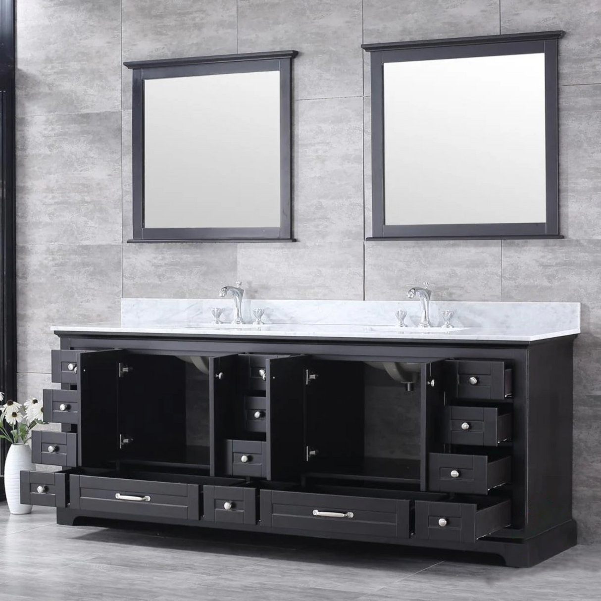 Dukes 84 In. Freestanding Espresso Bathroom Vanity With Double Undermount Ceramic Sink, White Carrara Marble Top & 34 In. Mirrors