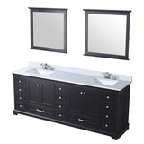 Dukes 84" Espresso Double Vanity, White Quartz Top, White Square Sinks and 34" Mirrors w/ Faucets