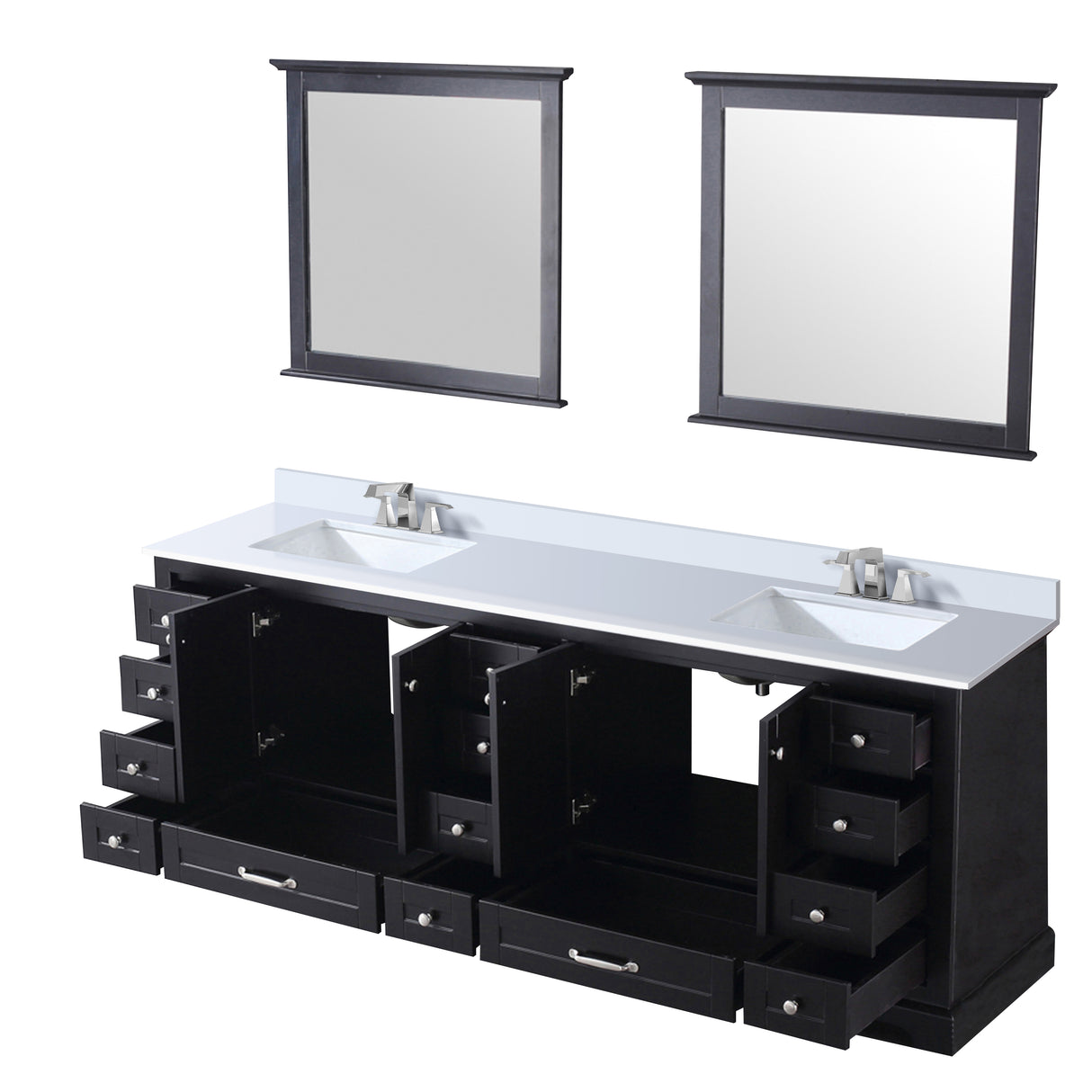 Dukes 84" Espresso Double Vanity, White Quartz Top, White Square Sinks and 34" Mirrors w/ Faucets