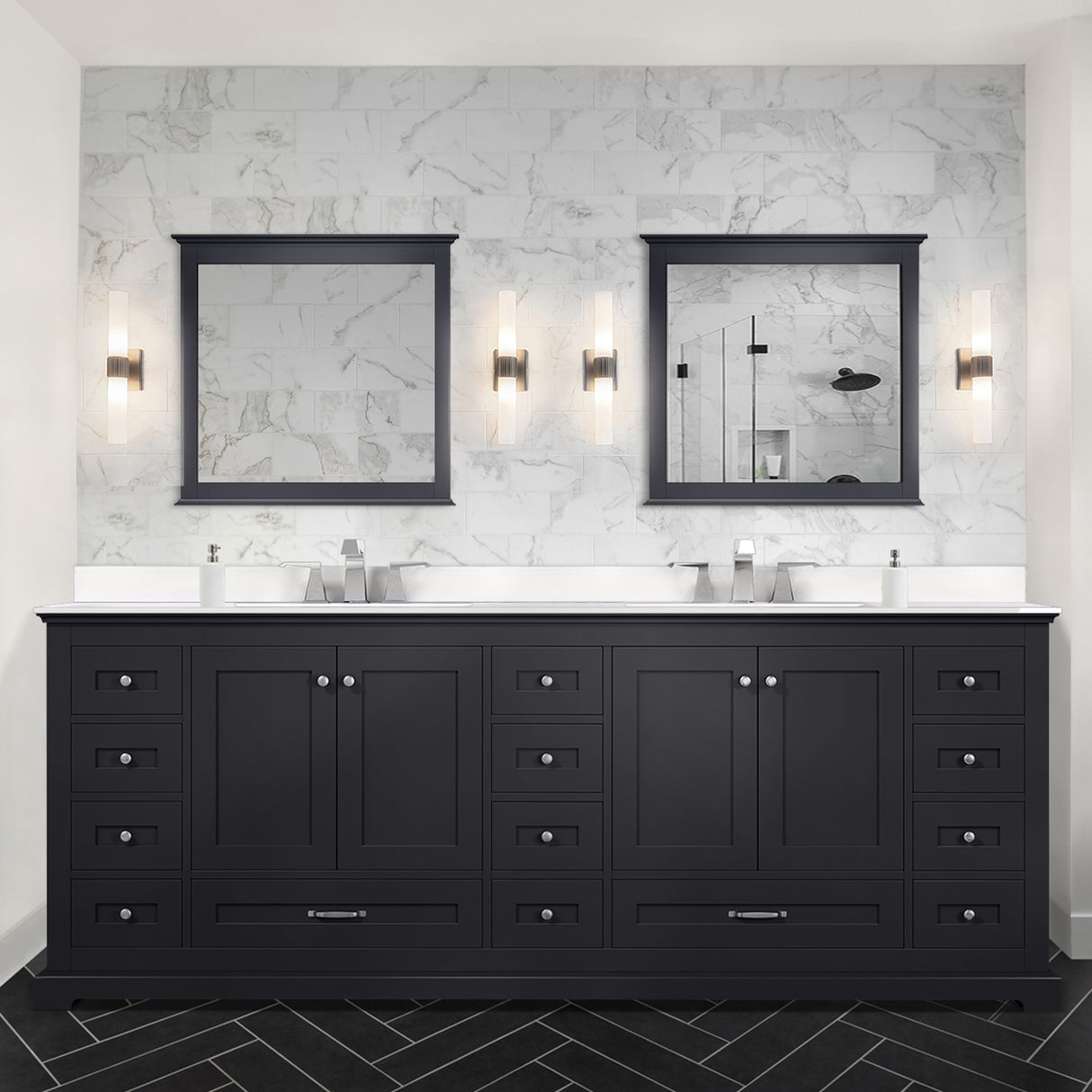 Dukes 84" Espresso Double Vanity, White Quartz Top, White Square Sinks and 34" Mirrors w/ Faucets