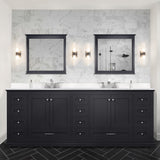 Dukes 84" Espresso Double Vanity, White Quartz Top, White Square Sinks and 34" Mirrors w/ Faucets