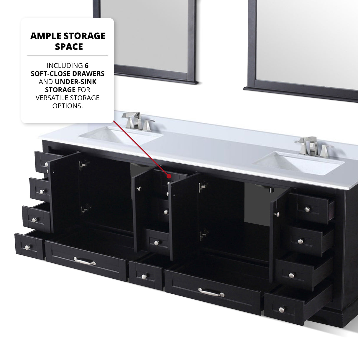 Dukes 84" Espresso Double Vanity, White Quartz Top, White Square Sinks and 34" Mirrors w/ Faucets