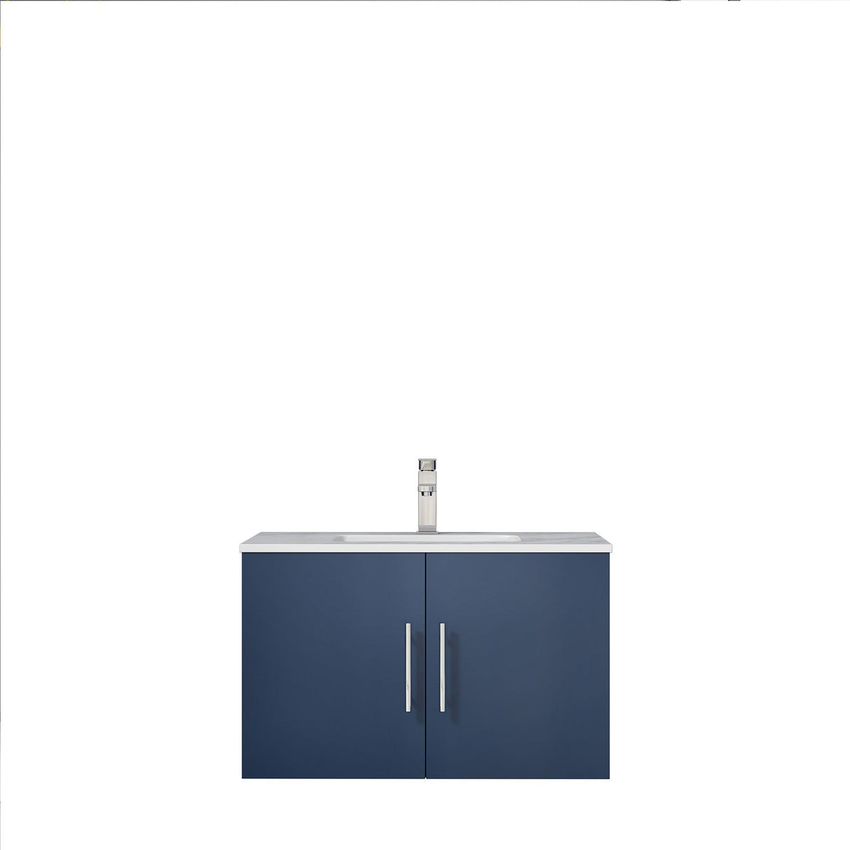 Geneva Navy Blue Floating Bathroom Vanity With White Carrara Marble Top, White Square Sink