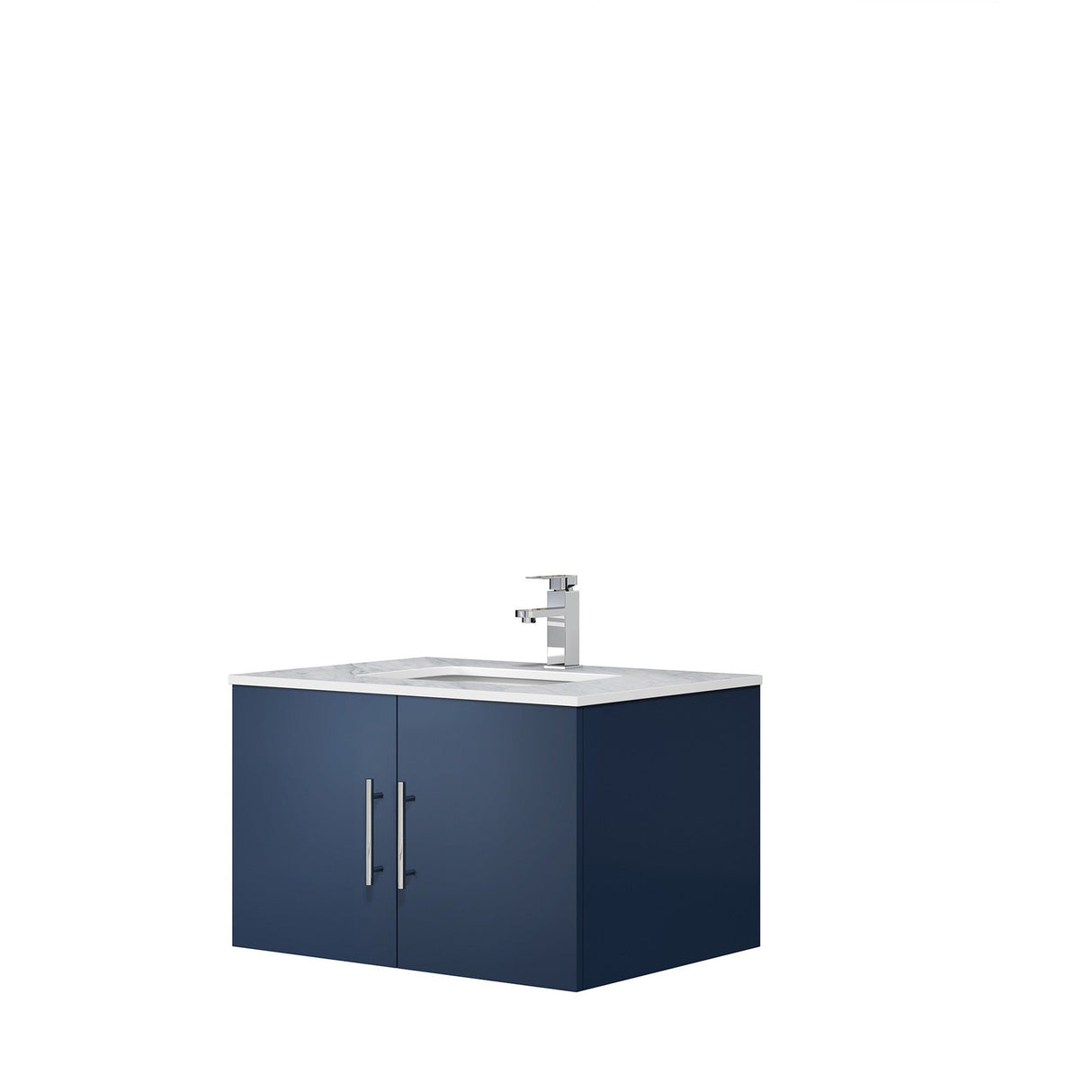 Geneva Navy Blue Floating Bathroom Vanity With White Carrara Marble Top, White Square Sink