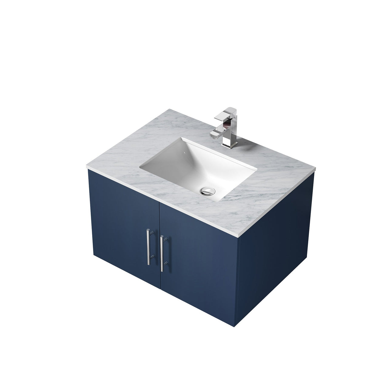 Geneva Navy Blue Floating Bathroom Vanity With White Carrara Marble Top, White Square Sink