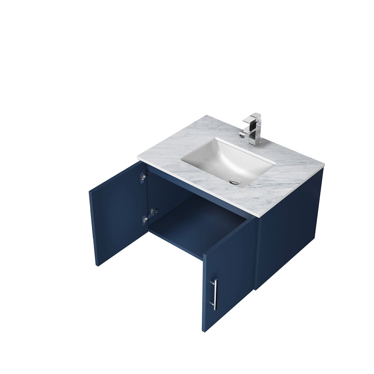 Geneva Navy Blue Floating Bathroom Vanity With White Carrara Marble Top, White Square Sink