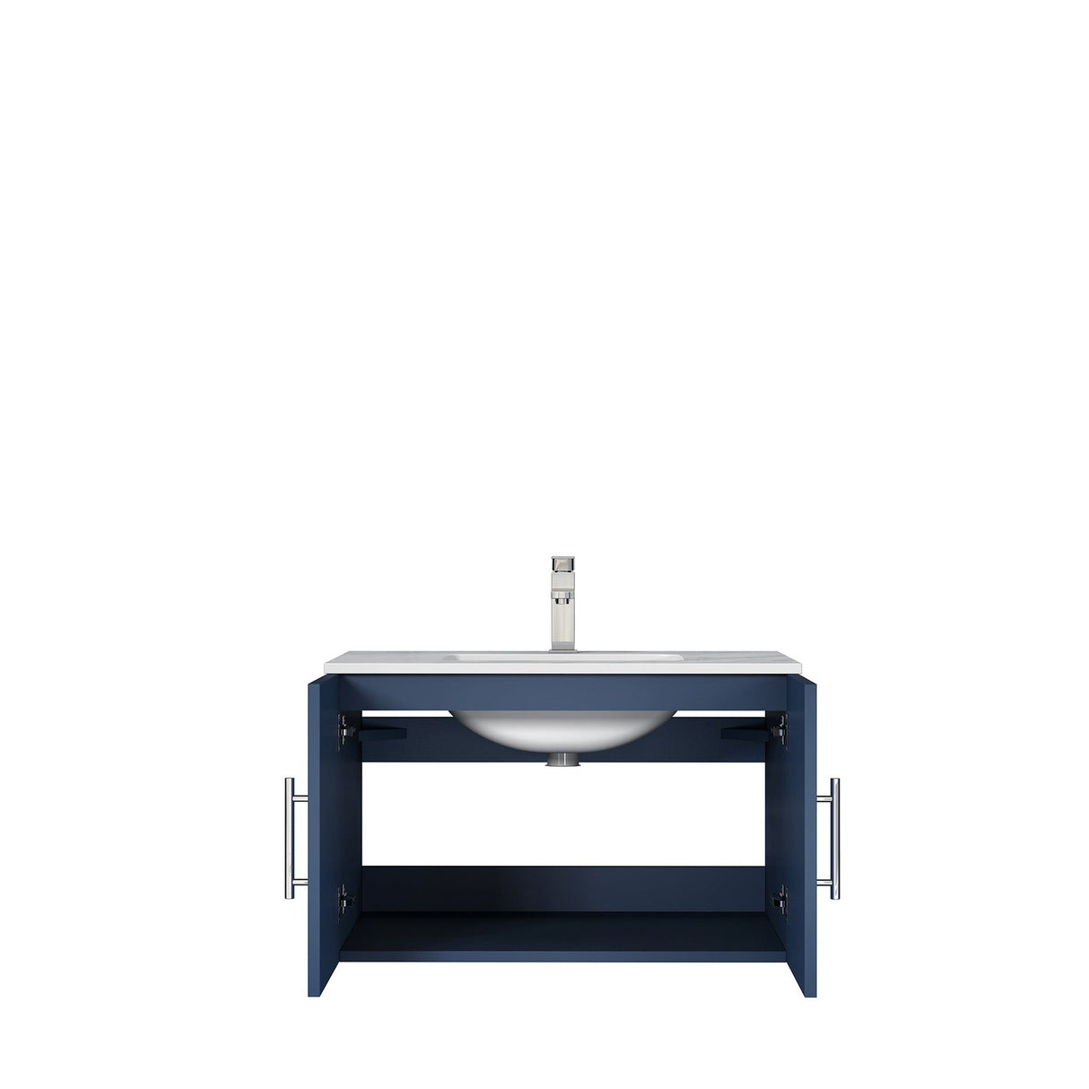 Geneva Navy Blue Floating Bathroom Vanity With White Carrara Marble Top, White Square Sink