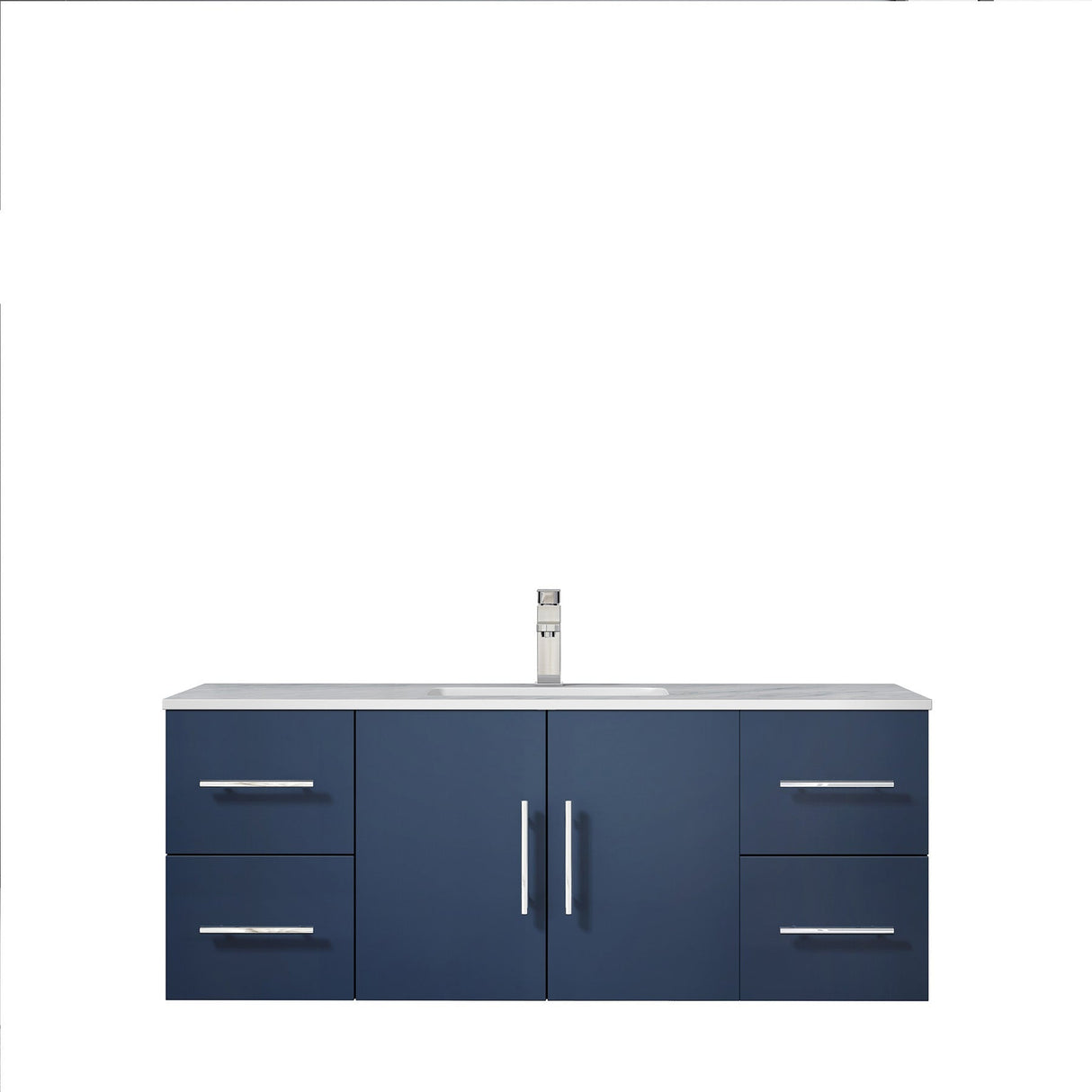 Geneva Navy Blue Floating Bathroom Vanity With White Carrara Marble Top, White Square Sink