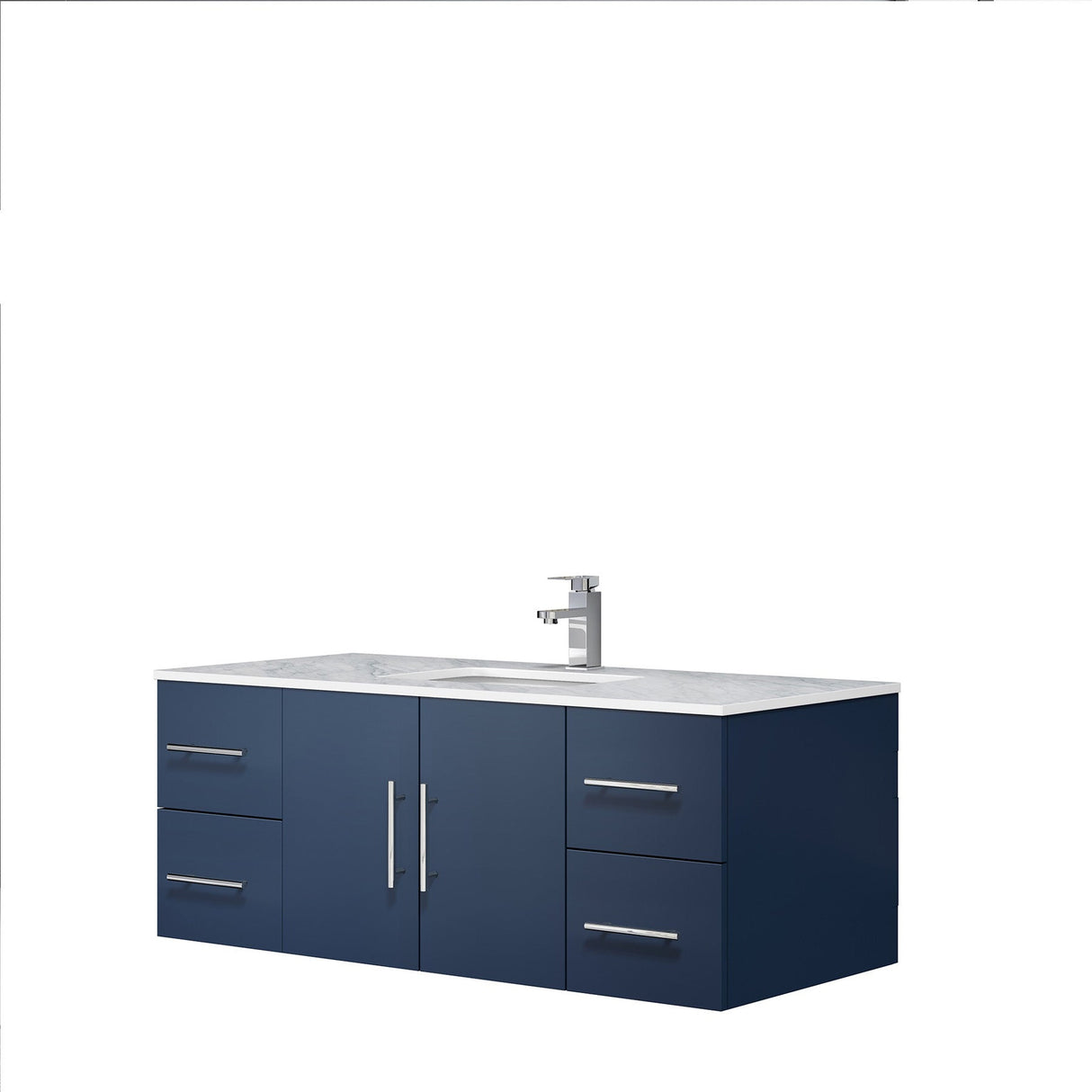 Geneva Navy Blue Floating Bathroom Vanity With White Carrara Marble Top, White Square Sink