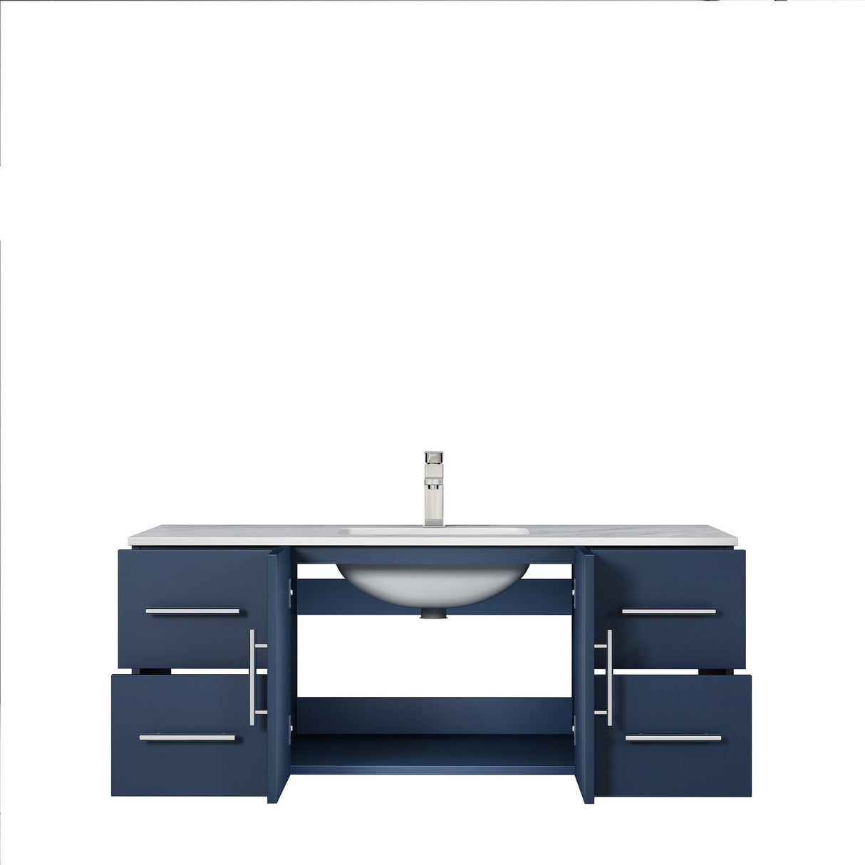Geneva Navy Blue Floating Bathroom Vanity With White Carrara Marble Top, White Square Sink