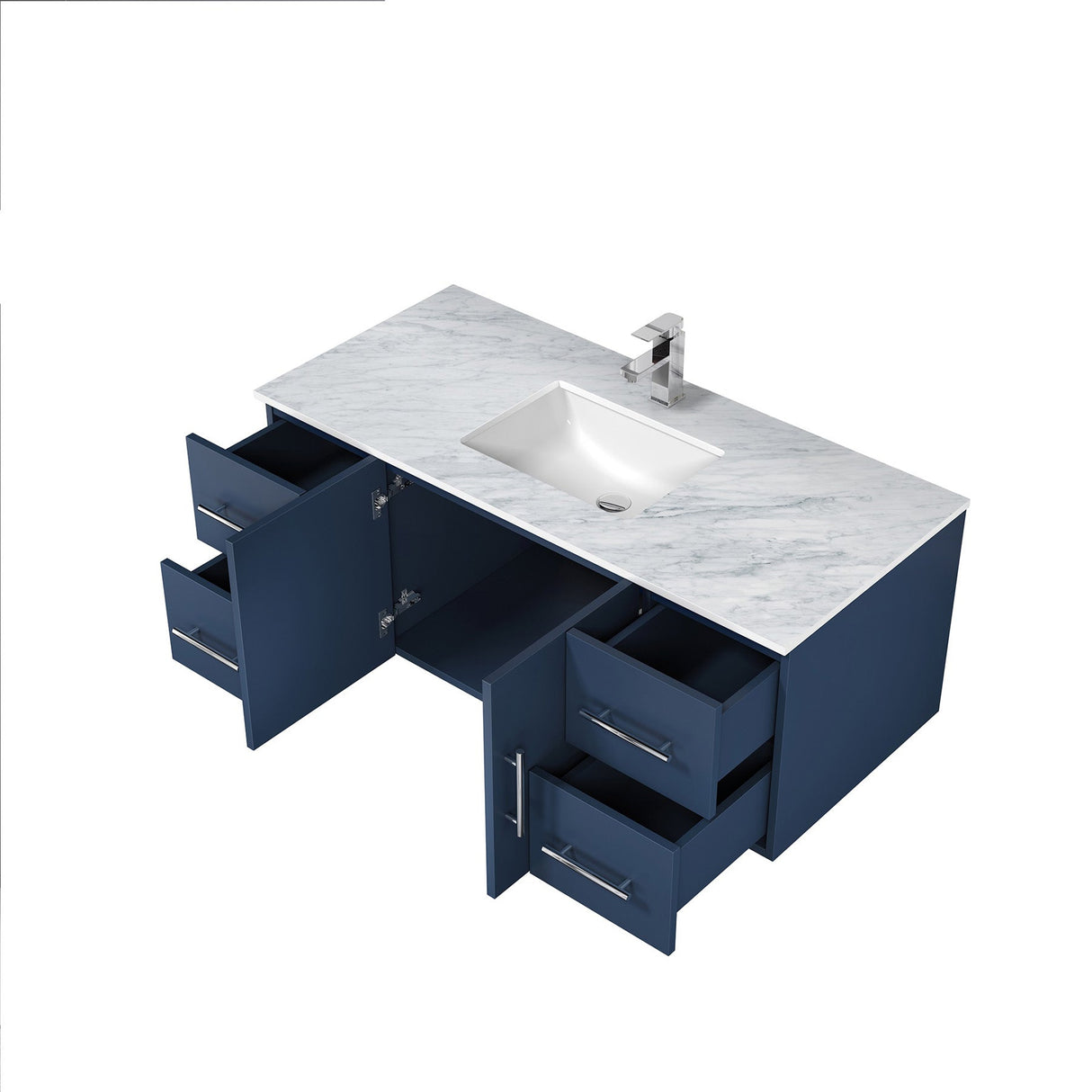 Geneva Navy Blue Floating Bathroom Vanity With White Carrara Marble Top, White Square Sink