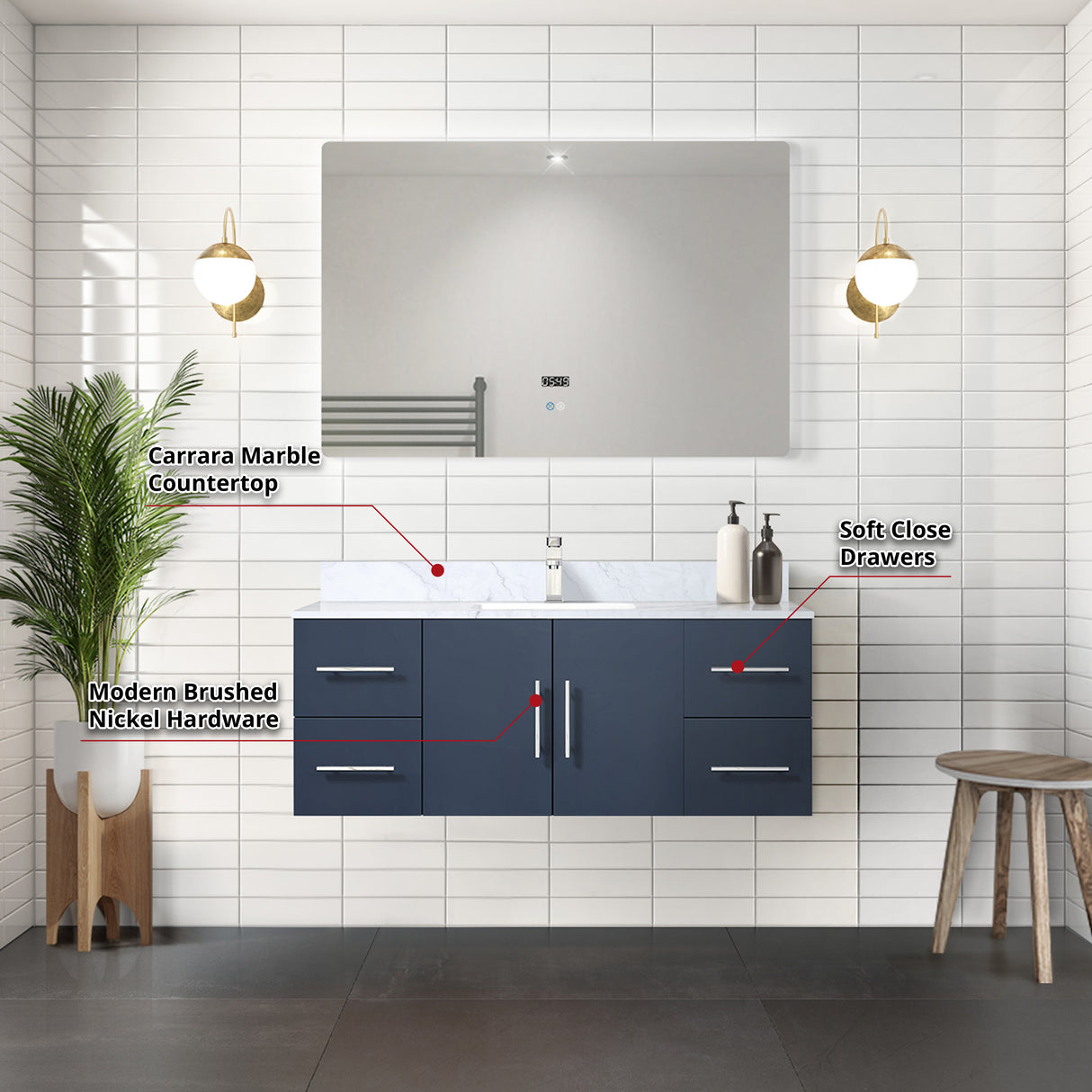 Geneva 48 in. Bathroom Floating Bathroom Vanity With Undermount Ceramic Sink With White Carrara Marble Top