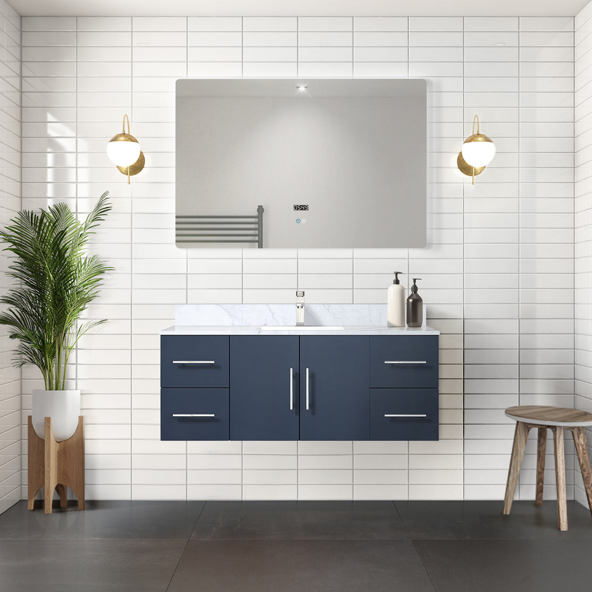Geneva 48 in. Bathroom Floating Bathroom Vanity With Undermount Ceramic Sink With White Carrara Marble Top