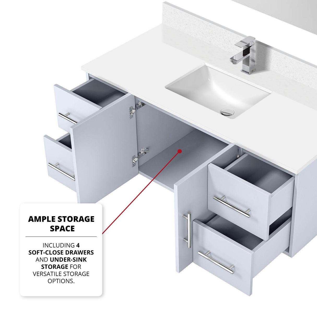 Geneva 48 in. Bathroom Floating Bathroom Vanity With Undermount Ceramic Sink With White Carrara Marble Top