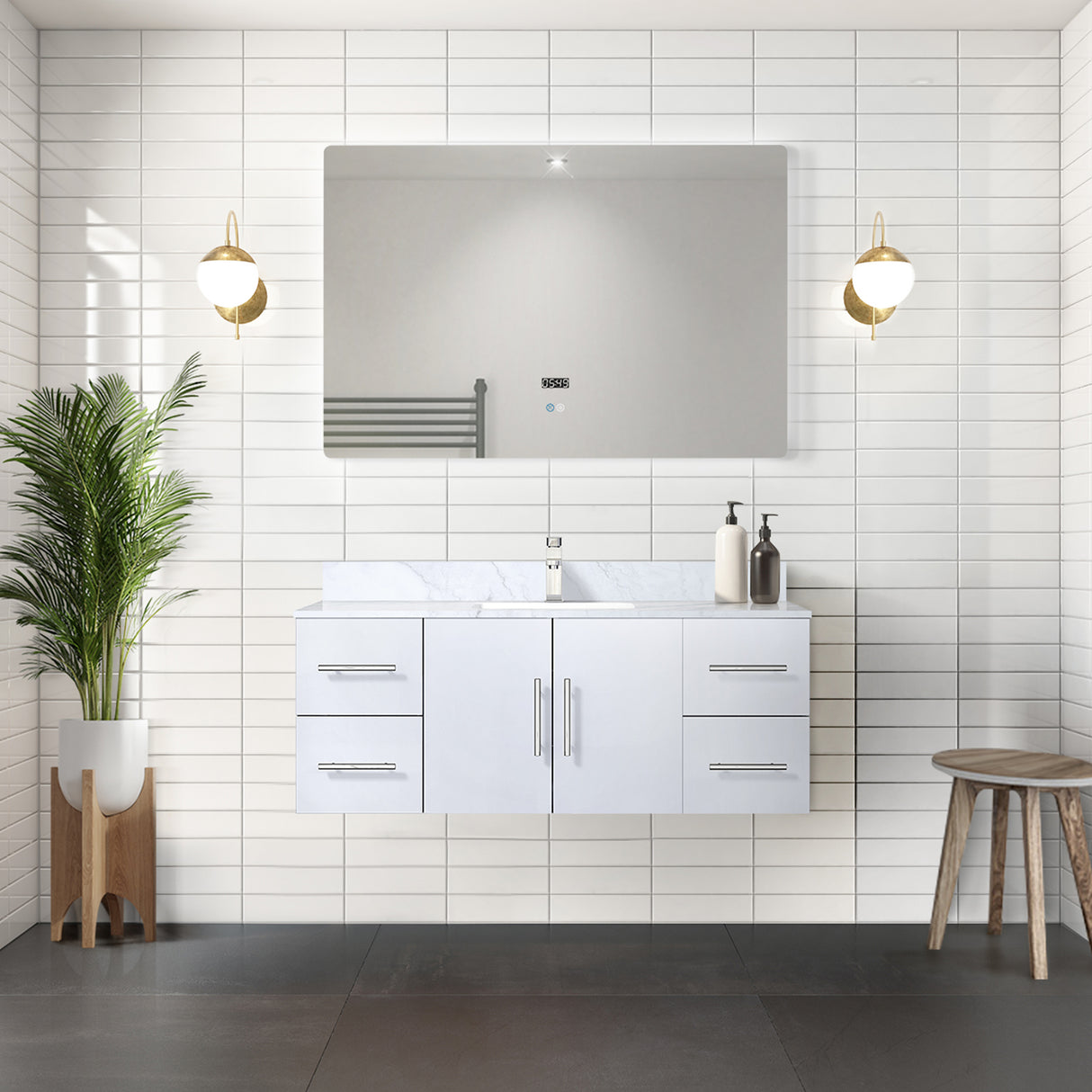 Geneva 48 in. Bathroom Floating Bathroom Vanity With Undermount Ceramic Sink With White Carrara Marble Top