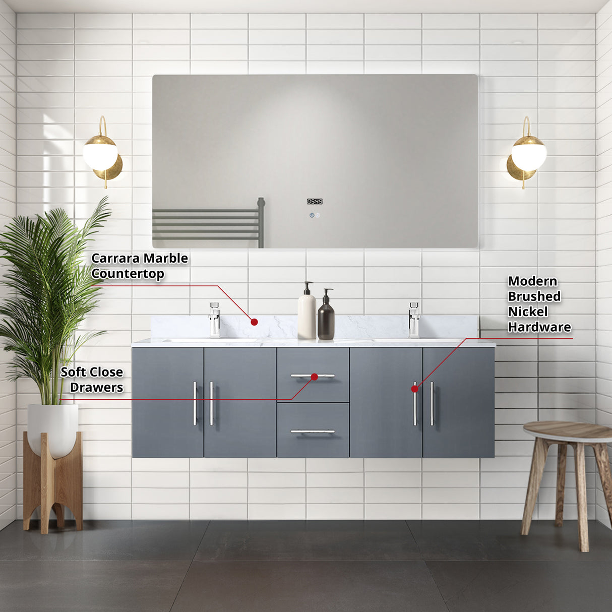 Geneva 60 in. Bathroom Floating Bathroom Vanity With Undermount Ceramic Sink With White Carrara Marble Top