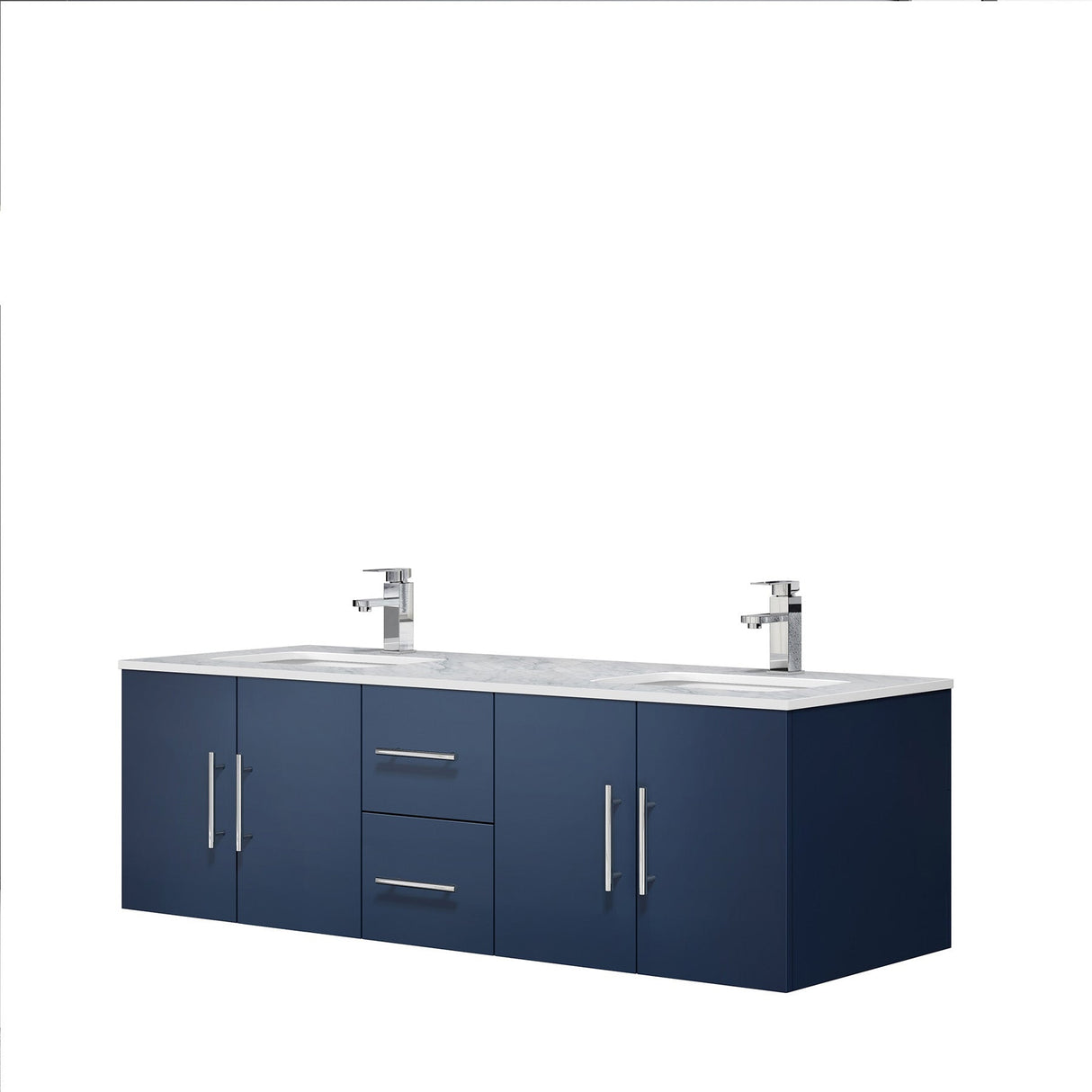 Geneva Navy Blue Floating Bathroom Vanity With White Carrara Marble Top, White Square Sink