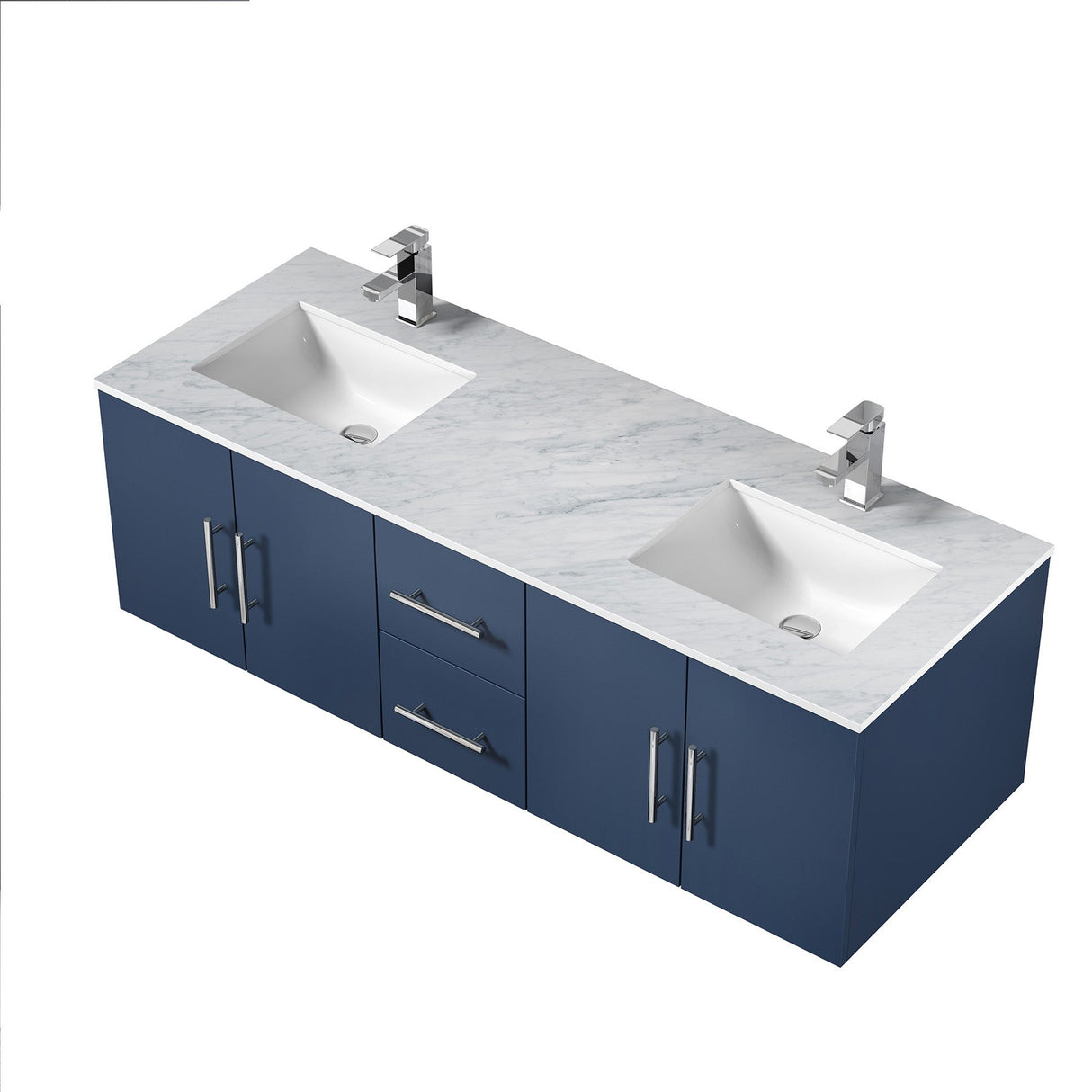 Geneva Navy Blue Floating Bathroom Vanity With White Carrara Marble Top, White Square Sink